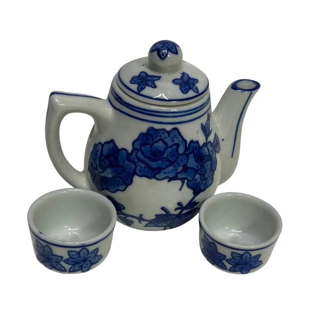 April Cornell 2000 Miniature Teapot and Cups Set Blue White Floral‎ Ceramic 3pc